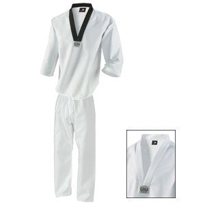 7 oz. Middleweight TKD Student Uniform standing with black collar, and shirt with white collar.