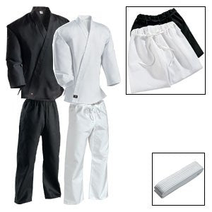 7 oz. Middleweight Student Uniform black and white uniforms standing up. with closups of shorts and a white belt.