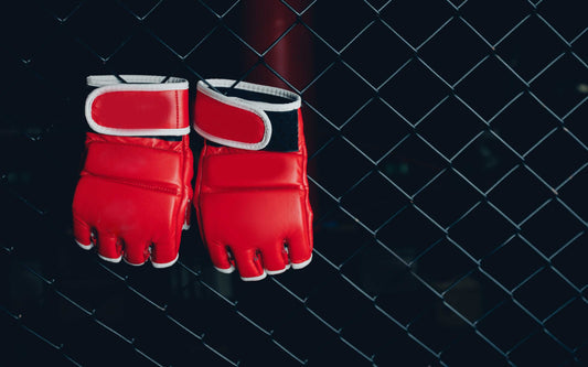 Red MMA gloves with white trim hanging on a black chain-link fence, set against a dark background.