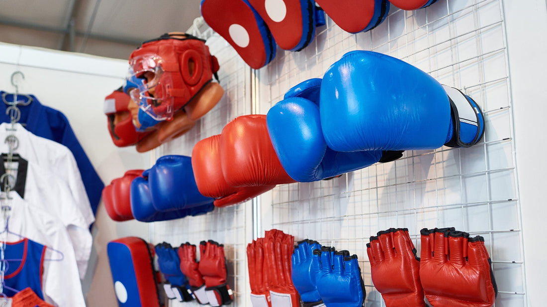 amas store with martial arts gloves, face shield, and other accessories