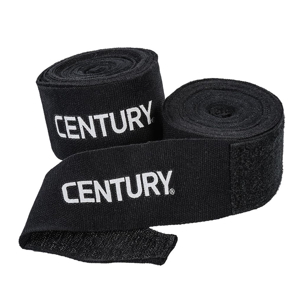Black cotten hand wraps in two rolls with white century printed on front. 