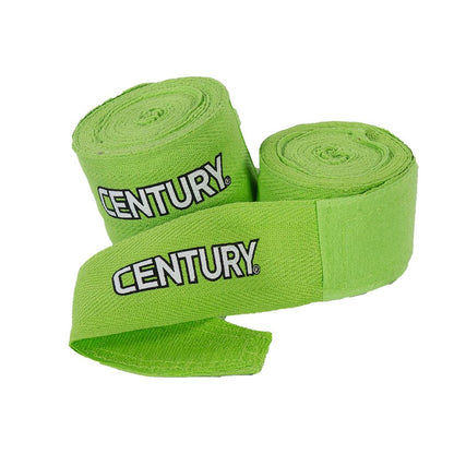 Lime green pair of rolled hand wraps with white century printed on it. 