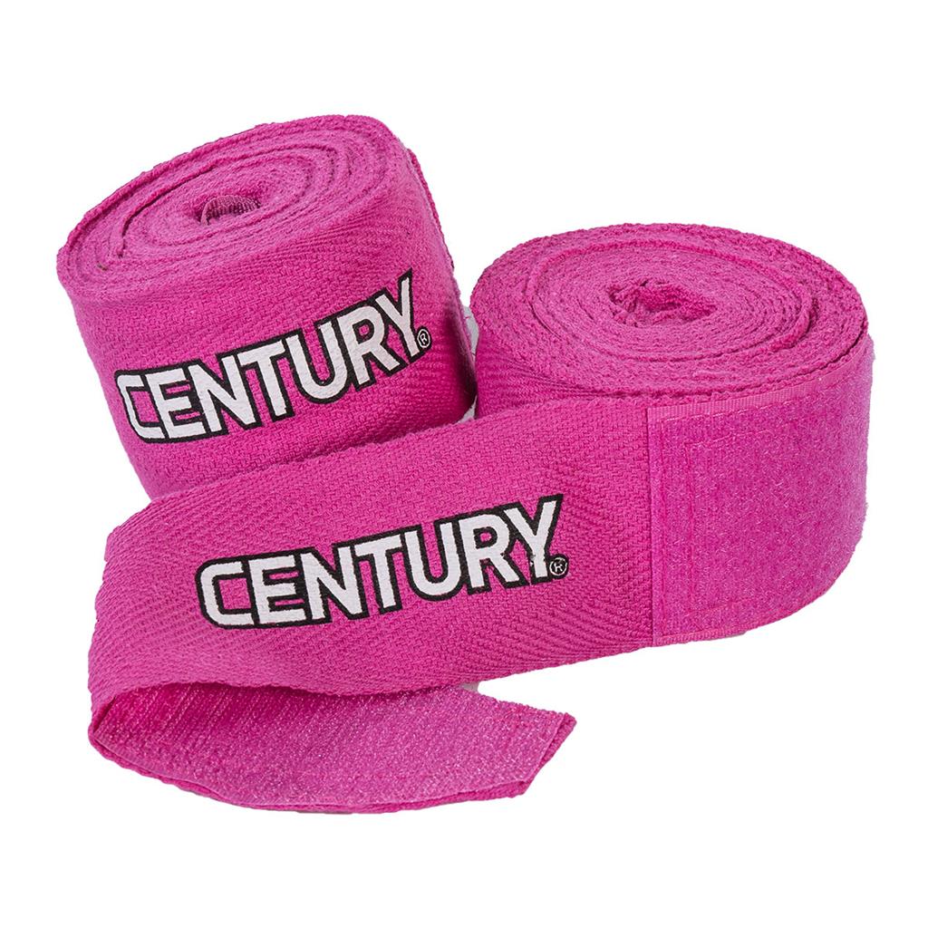 bright pink pair of cotton hand wraps with century printed on them in white.