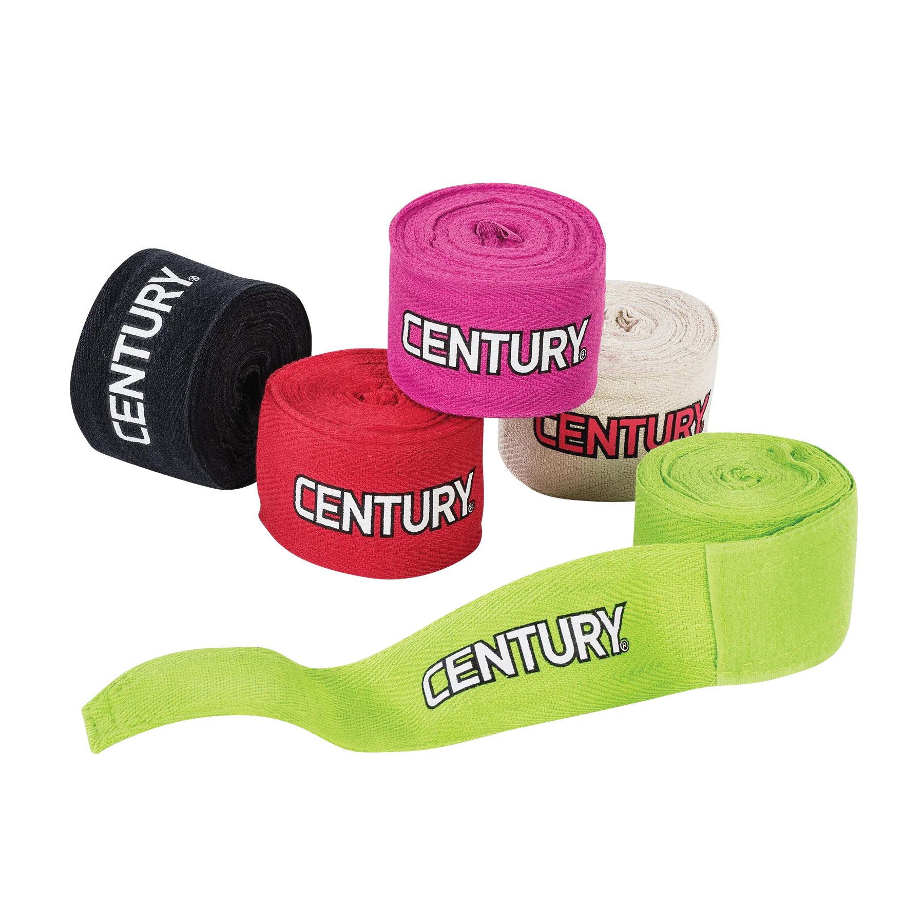Five rolls of hand wraps in different colors. Black, red, pink, green, and white