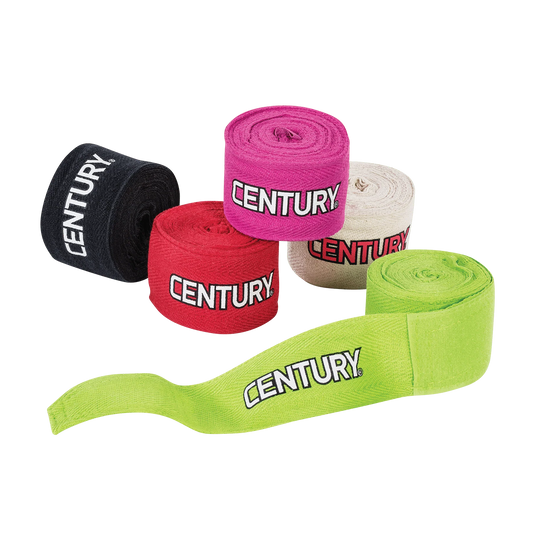 Five rolls of hand wraps in different colors. Black, red, pink, green, and white