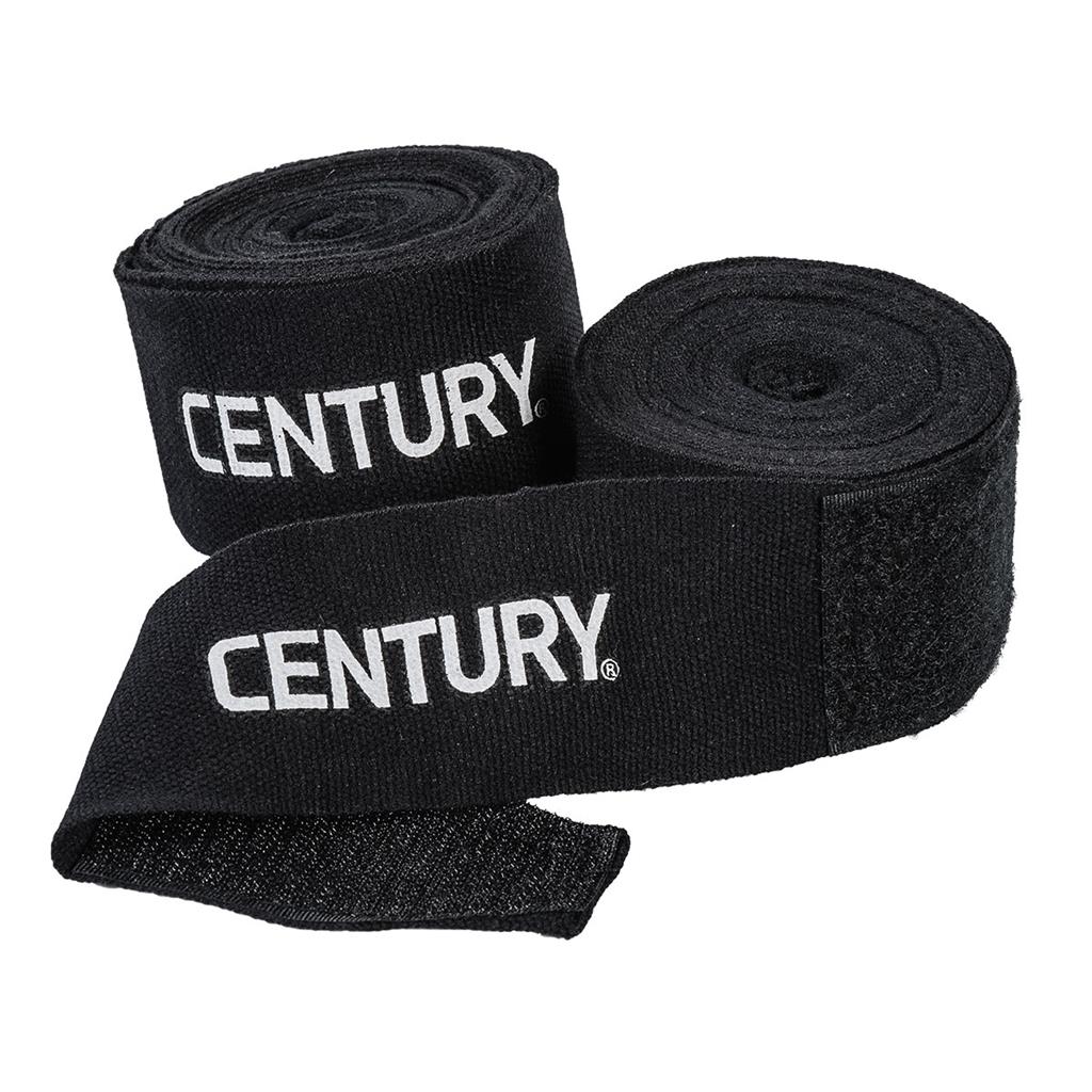 Rolled set of two black hand wraps with century written in bold on the side