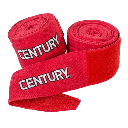 Rolled set of two red hand wraps with century written in bold on the side