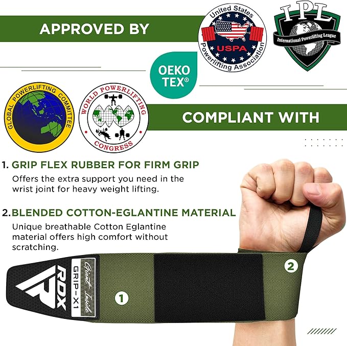 RDX W3 IPL USPA Approved Powerlifting Wrist Support Wraps with Thumb Loops OEKO-TEX Standard 100 certified