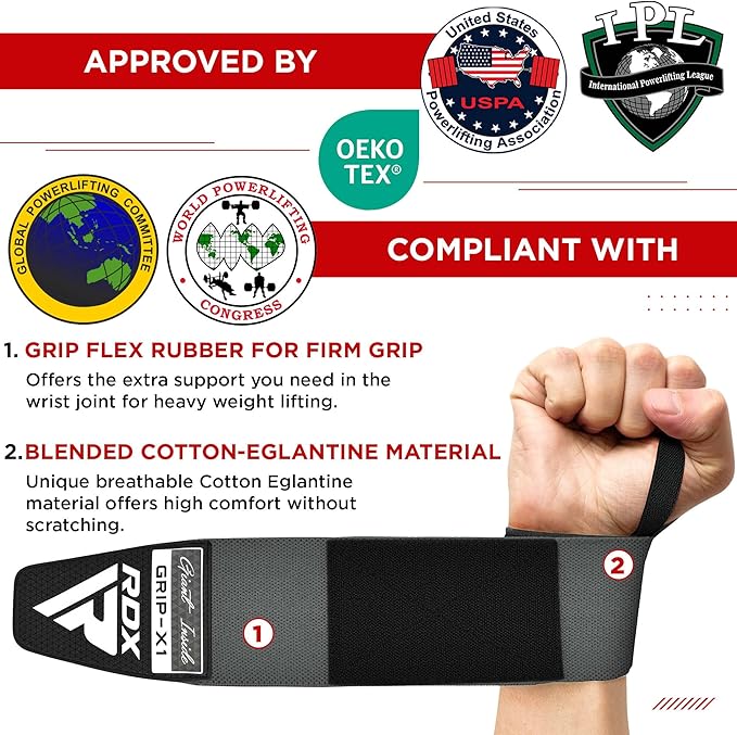 RDX W3 IPL USPA Approved Powerlifting Wrist Support Wraps with Thumb Loops OEKO-TEX Standard 100 certified