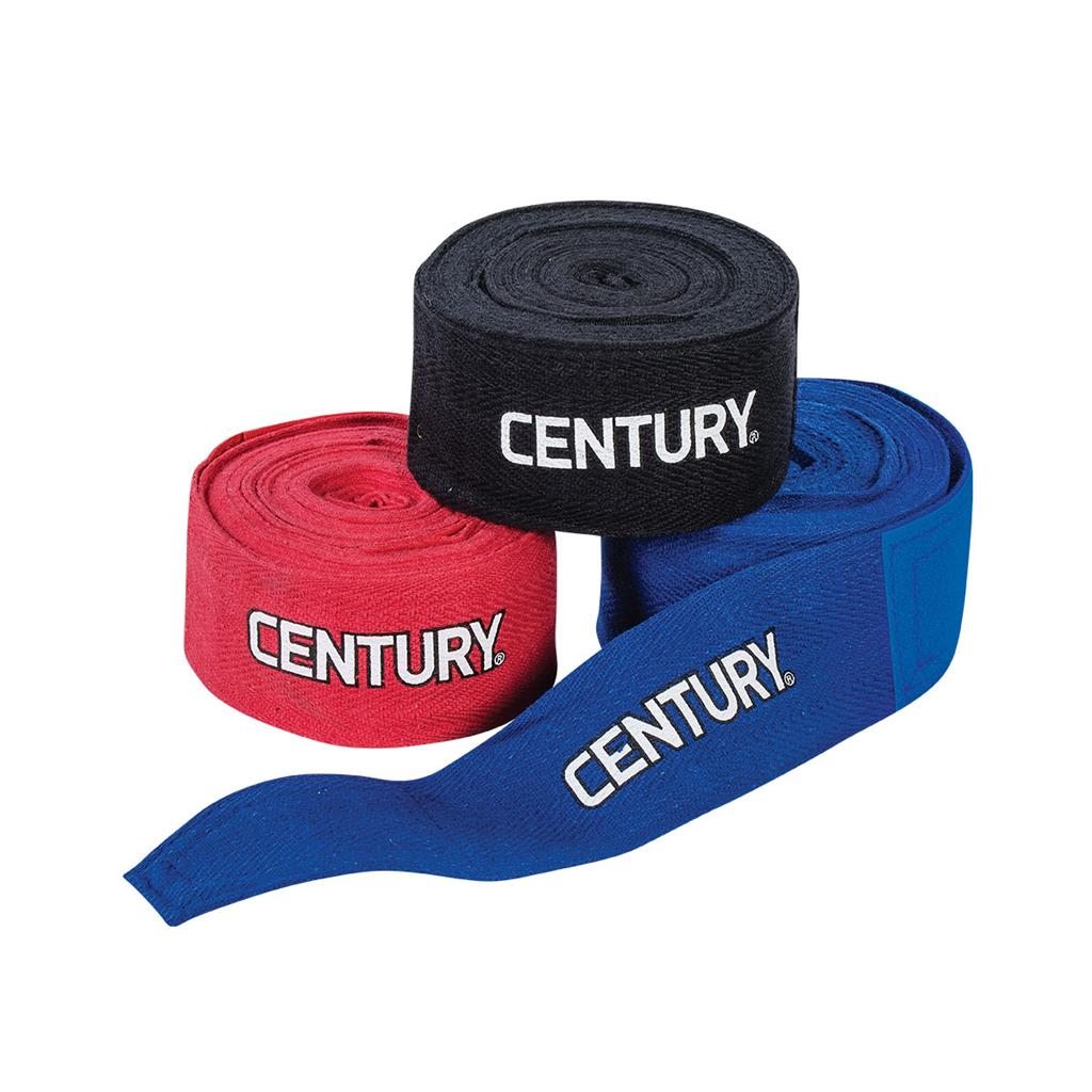 Stack of three cotton wraps black, blue and red, rolled up with white century in bold white print on the side.