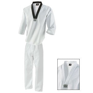 7 oz. Middleweight TKD Student Uniform standing with black collar, and  shirt with white collar.