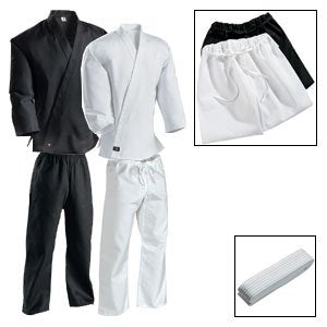 7 oz. Middleweight Student Uniform black and white uniforms standing up. with closups of shorts and a white belt. 