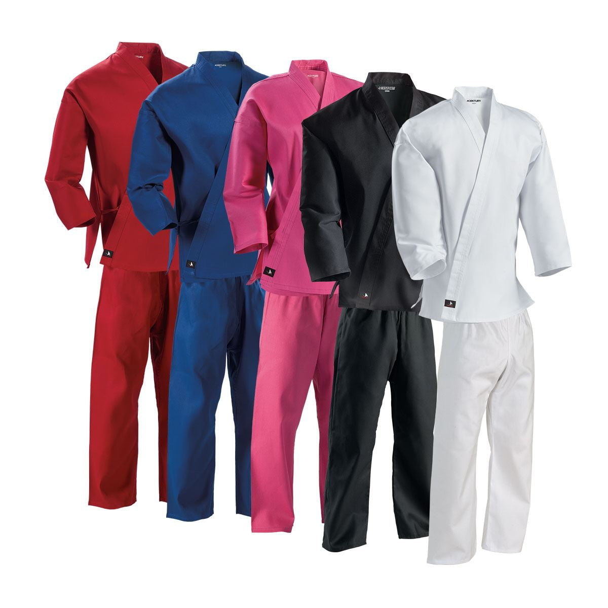 6 oz. Lightweight Student Uniform all five uniform colors standing up. White, black, Pink, Blue, Red
