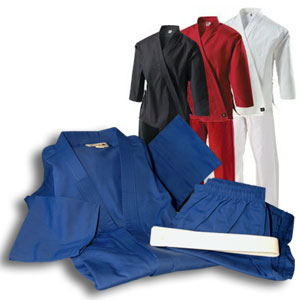 7 oz. Middleweight Student Uniform with Elastic Pant in four colors black red and white are standing. Blue is laying down,